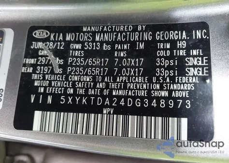 2013 Kia Sorento Lx V6 из США, поврежденный, VIN 5XYKTDA24DG348973